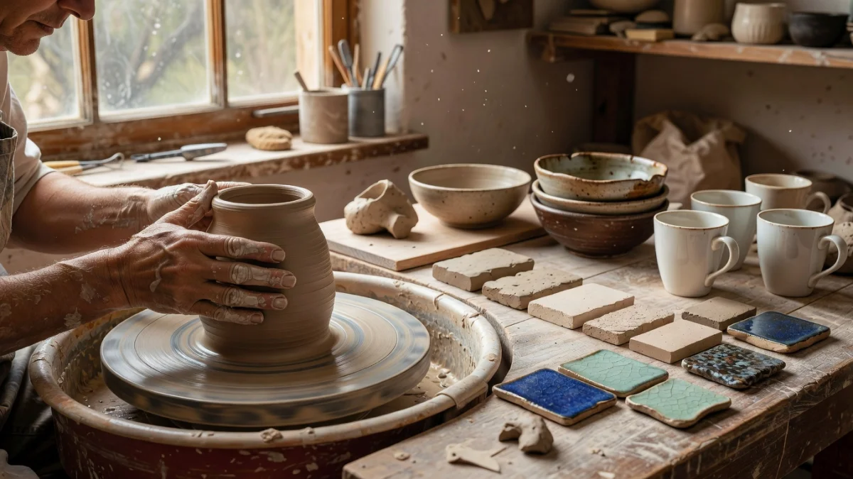 Différents types d'argile pour la poterie disposés sur un établi de céramiste avec des outils de façonnage